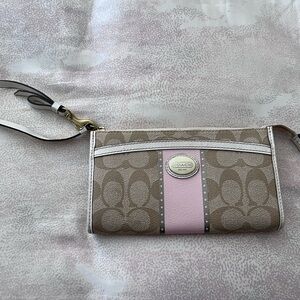 Coach Khaki Signature Canvas Wristlet with Pink Stripe